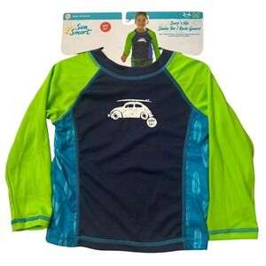 Sun Smart Boy's Rash Guard Swim Tee UPF 50+ Surf Car Graphic Green Blue Size 2-4